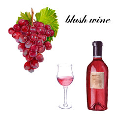 blush wine A bottle, a glass and a bunch of grapes. isolated. Wa