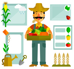 farmer with vegetables and a set of related icons 