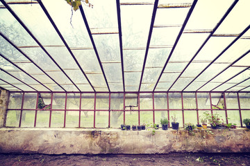 Vintage toned wide angle picture of an old empty glasshouse.
