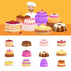 Confectioner cook chef cartoon character with cake. Vector illustrations set