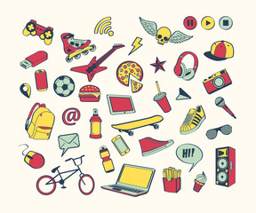 Doodle icon set. Colored hand drawn collection of doodle elements for design. Set for boy or teenager