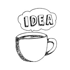 Coffee And Idea Concept With Speech Bubble And Idea Text Using Sketchy Or Doodle Style