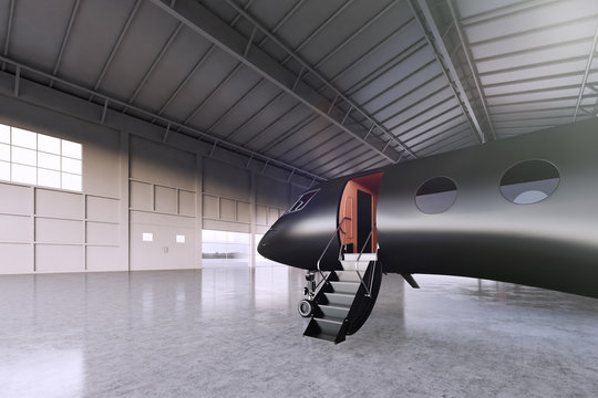 Photo of Black Matte Luxury Generic Design Private Jet parking in hangar airport. Concrete floor. Business Travel Picture. Horizontal, back angle view. Film Effect. 3D rendering.