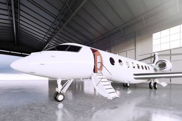 Picture of White Matte Luxury Generic Design Private Jet parking in hangar airport. Concrete floor. Business Travel Picture. Horizontal, front angle view. Film Effect. 3D rendering.