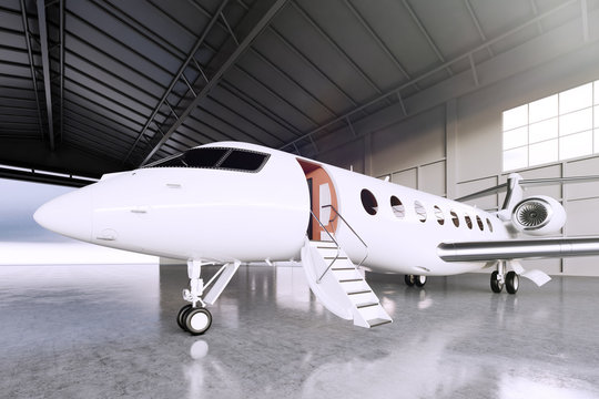 Picture of White Matte Luxury Generic Design Private Jet parking in hangar airport. Concrete floor. Business Travel Picture. Horizontal, front angle view. Film Effect. 3D rendering.