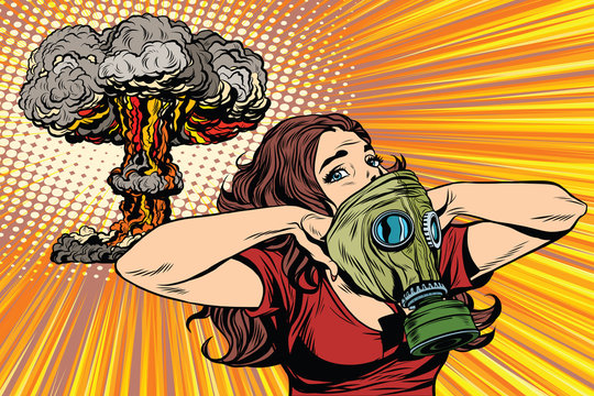 Nuclear explosion radiation hazard gas mask girl