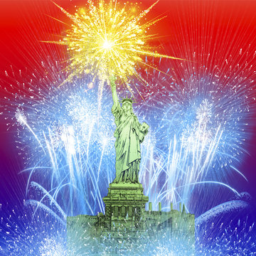 Beautiful colorful holiday fireworks over The Statue of Liberty. Happy 4th of July concept.