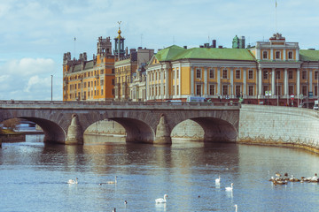 View of the bay in the city center of Stockholm, Sweden with the Arvfurstens Palats, seat of the Ministry for Foreign Affairs