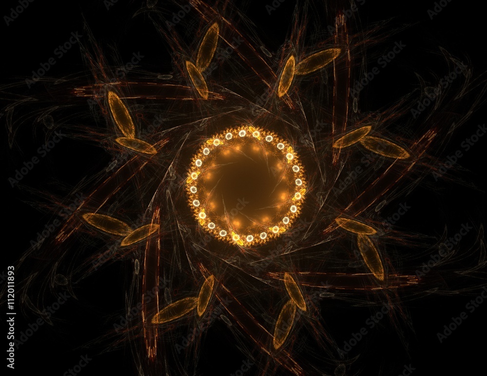 Poster particles of abstract fractal forms on the subject of nuclear physics science and graphic design. ge