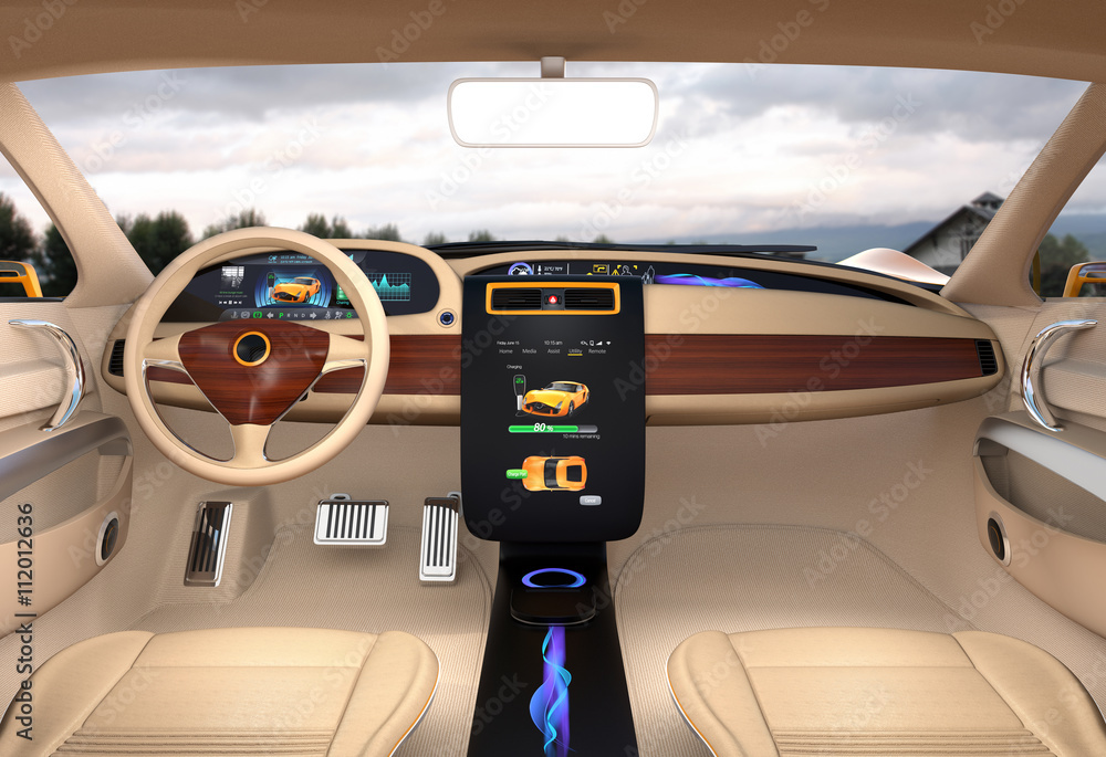 Poster electric vehicle center display showing charging information. 3d rendering image.