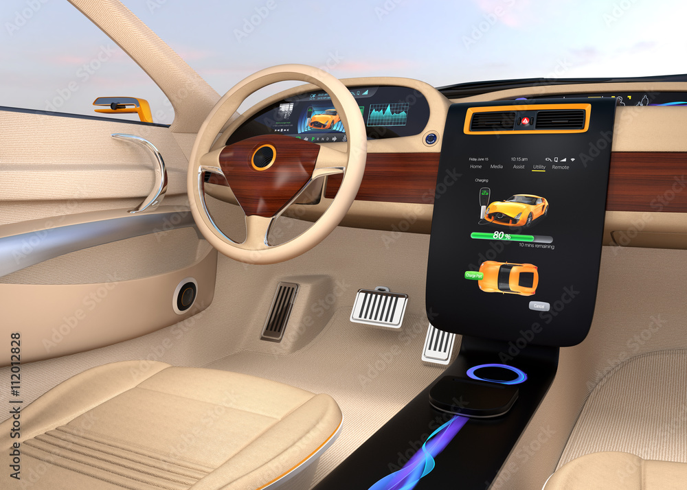 Poster electric vehicle center display showing charging information. 3d rendering image.
