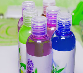 Group cosmetic bottles, cosmetic liquid, shower gels, shampoos,