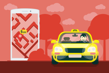Taxi service. Flat yellow taxi with a driver traveling on the road. car front view. Flat mobile phone with a label on the map. Application for taxi online. Vector clipart graphics