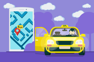 Taxi service. Flat yellow taxi with a driver. The car with the door open. car front view. Flat mobile phone with a label on the map. Application for taxi online. Vector clipart graphics