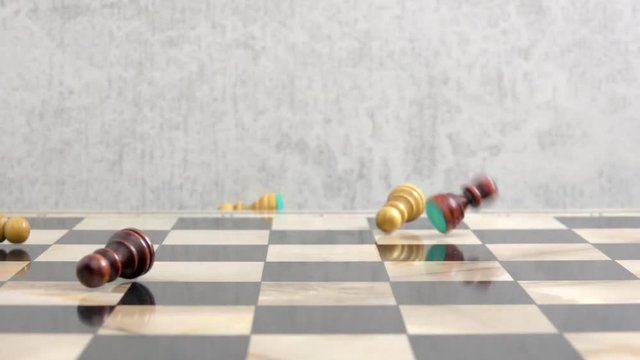 Chess pawns falling down on chessboard in slow motion. Concept of disorder and confusion, commotion and chaos.