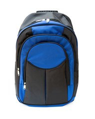 blue backpack standing on a white background