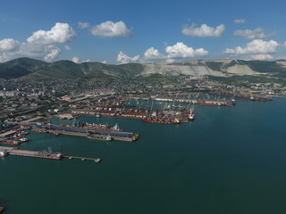 Fototapeta na wymiar Industrial seaport, top view. Port cranes and cargo ships and barges.