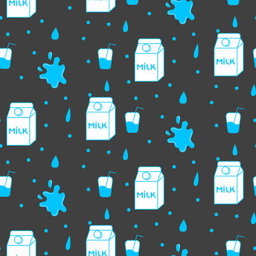 Milk And Cookie Seamless Vector Pattern. Dairy Fun Blue And Grey Pattern With Milk Box And Milk Splash Stains On Grey.