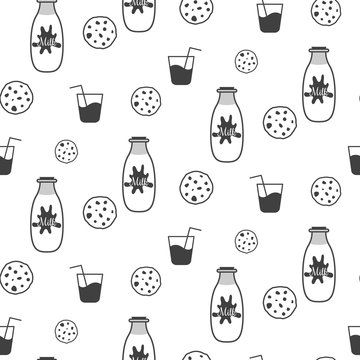 Milk and cookie black and white seamless vector pattern. Milk bottle, biscuits and glass of milk white pattern.