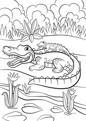 Fototapeta premium Coloring pages. Animals. Mother alligator with her little cute baby alligator.
