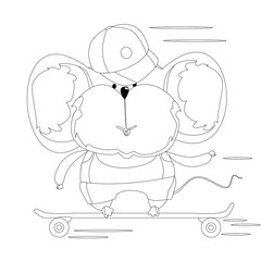Mouse in a cap on a skateboard. Cartoon character. Outline drawing for coloring.