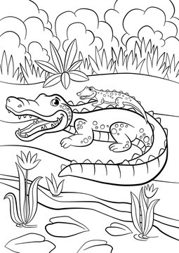 Coloring pages. Animals. Mother alligator with her little cute baby alligator.