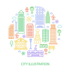 Fototapeta na wymiar Vector city illustration in linear style, buildings and clouds