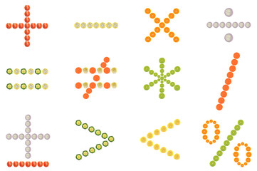 Mathematical symbol from halves of fruit and vegetable on white background - obrazy, fototapety, plakaty