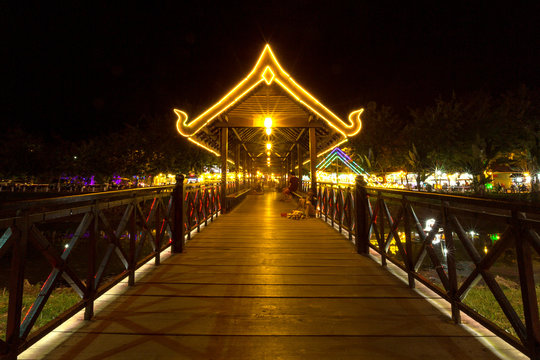 Siem Reap Night View With Colored Street Lights And The River, C