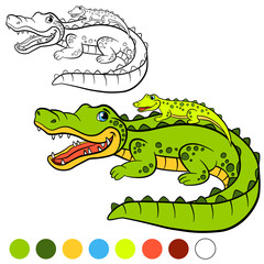Coloring page. Color me: alligator. Mother alligator with her little cute baby alligator.
