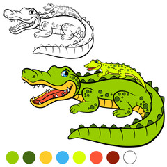 Obraz premium Coloring page. Color me: alligator. Mother alligator with her little cute baby alligator.
