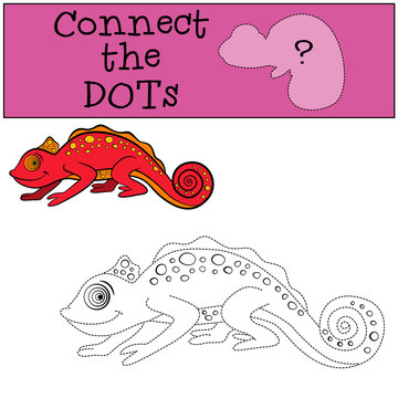 Educational games for kids: Connect the dots. Little cute red chameleon smiles.