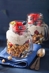 homemade granola and chia seed pudding with berry healthy breakf