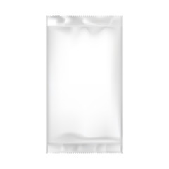 Blank packaging isolated on white background. Foil food snack bag for coffee, chips. Package template. Realistic 3d mockup. Plastic pack template. Ready for design. Vector illustration.