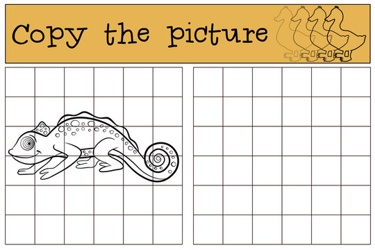 Children games: Copy the picture. Little cute chameleon.