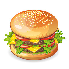 Isolated classic hamburger on white background. Fresh sandwich with beef, lettuce, tomato, bun and cheese. American fast food.