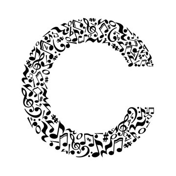 C letter made of musical notes on white background. Alphabet for art school. Trendy font. Graphic decoration.