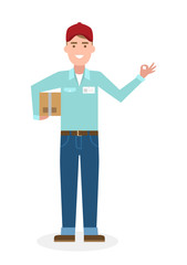 Delivery man with parcel and ok gesture. Fast transportation. Isolated cartoon character on white background. Postman, courier with package and ok.
