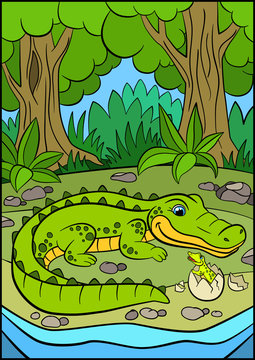Cartoon animals for kids. Mother alligator looks at her little cute baby alligator in the egg.