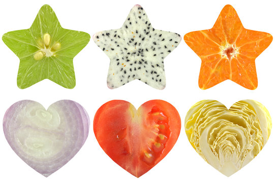 Star Shaped And Heart Shaped Fruit And Vegetable On White Background