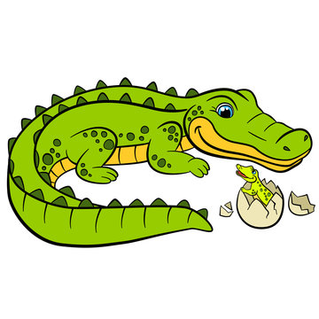 Cartoon animals for kids. Mother alligator looks at her little cute baby alligator in the egg.