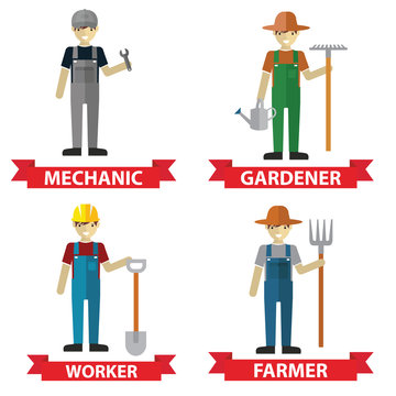 Set of workers, Mechanic, Gardener, Construction Worker and Farmer