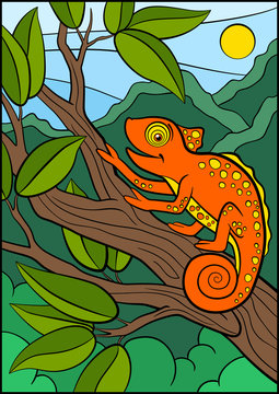 Cartoon animals for kids. Little cute orange chameleon.