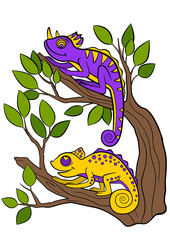 Cartoon animals for kids. Two little cute chameleons sits on the tree branch.