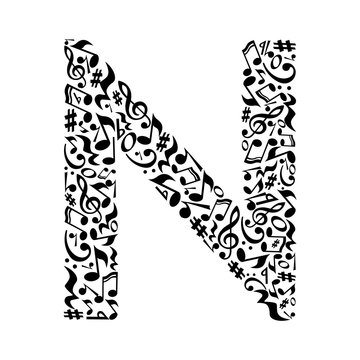 N letter made of musical notes on white background. Alphabet for art school. Trendy font. Graphic decoration.