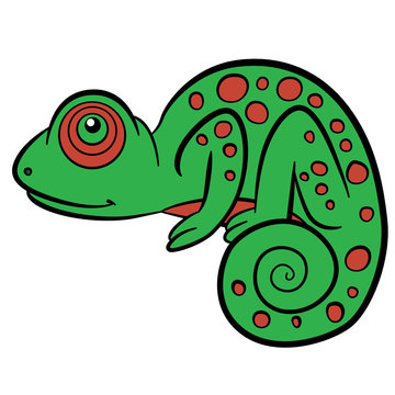 Cartoon animals for kids. Little cute green chameleon.