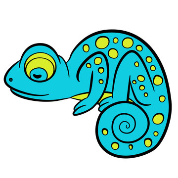 Cartoon animals for kids. Little cute blue chameleon.