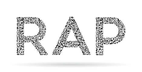 Word made of musical notes on white background. Black notes pattern. Black and white design. Word rap shape. Poster and decoration idea.