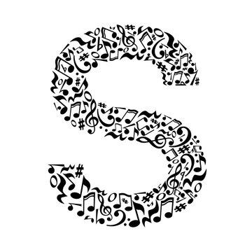 S letter made of musical notes on white background. Alphabet for art school. Trendy font. Graphic decoration.