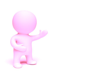 cute 3d character in shades of pink presenting an empty space in a white scene (3D illustration isolated on a white background)